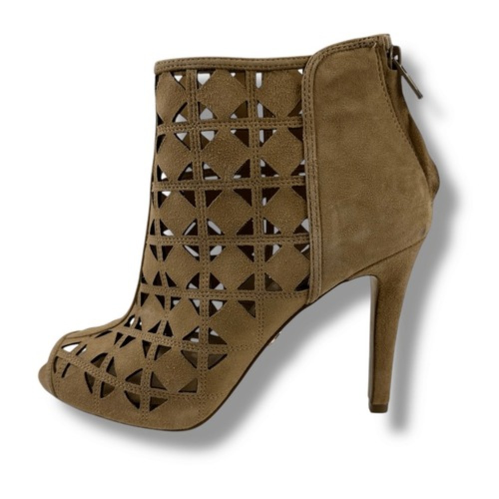 Michael Kors Womens 7.5 Tan Suede Laser‎ Cut Peep Toe Stiletto Ankle Boots
